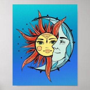 Poster Lua e sol. Ilustração de tatuagem de estilo Vint