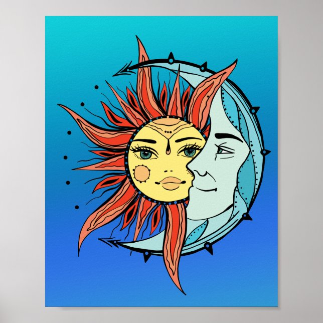 Poster Lua e sol. Ilustração de tatuagem de estilo Vintag (Frente)