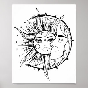 Poster Lua e sol. Ilustração de tatuagem de estilo Vintag