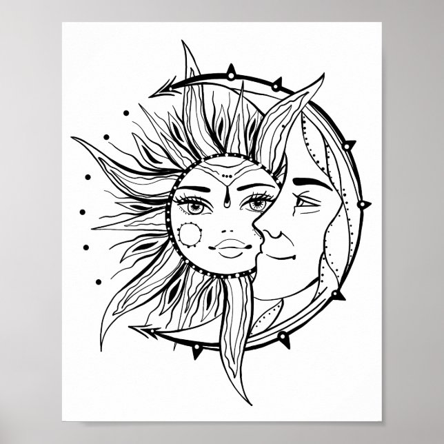 Poster Lua e sol. Ilustração de tatuagem de estilo Vintag (Frente)
