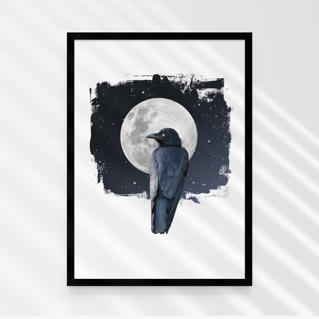 Poster Lua Fria do Corvo da Floresta (Forest Raven on the Cold Moon (super moon). Mystic art.)