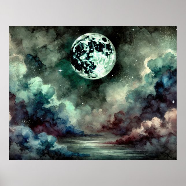 Poster Lua Mística Nuvens Cósmicas em Céu Noturno Sonhado (Frente)