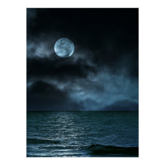 Póster Lua Nublada Shore à Noite