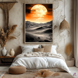 Poster Lua Queimada Sobre Dunas Do Deserto - Monocromo