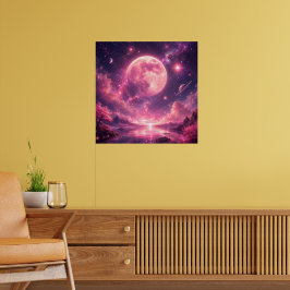 Poster Lua Rosa Flor de Cerejeira Fantasia Noite Céu - So