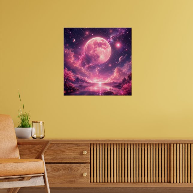 Poster Lua Rosa Flor de Cerejeira Fantasia Noite Céu - So (Sala de Estar 2)