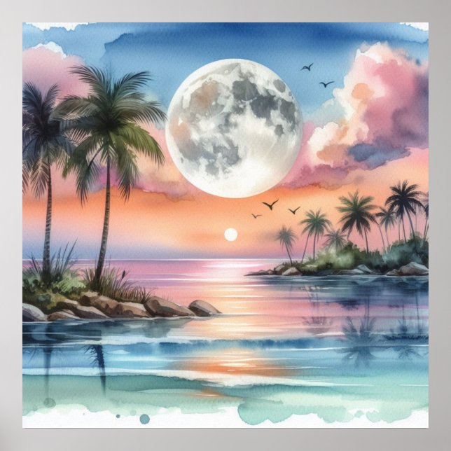 Poster Lua se põe acima do mar e ilha tropical aquarela  (Frente)