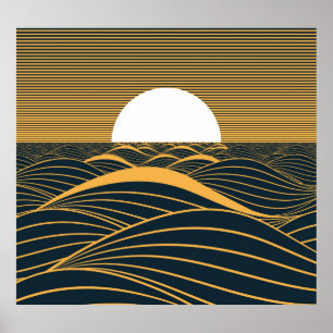 Poster Lua-sol estilizada, ilustração do mar escuro.