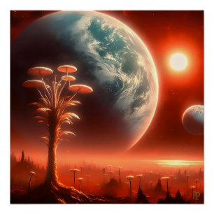 Póster Lua vermelha de um planeta azul