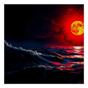 Póster Lua Vermelha sobre a paisagem da fantasia do mar