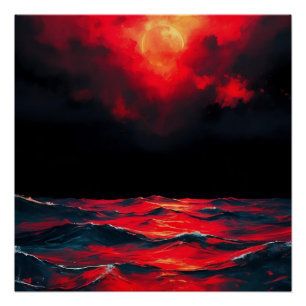 Póster Lua Vermelha Sobre O Mar Dramático Fantasia Do Oce