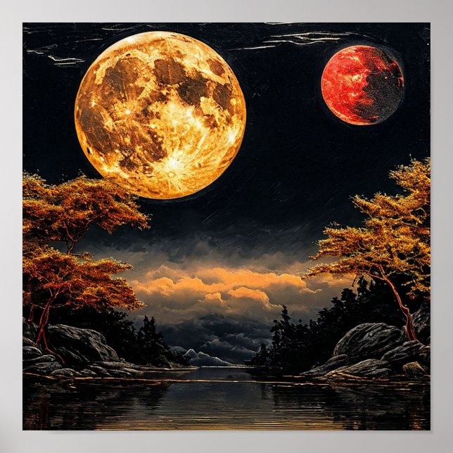 Poster Lua vermelha sobre um lago Decoração Celestial Dra (Frente)