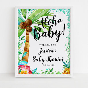 Poster Luau Tropical Watercolor Faux Glitter Chá de frald