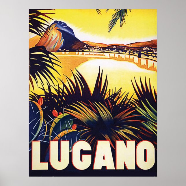 Poster Lugano, Suiça, vista na costa, vintage (Frente)