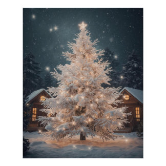 Póster Lumineo White Christmas Tree & Cabins Poster