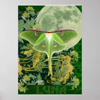 Poster Luna Moth and Moon Poster, Green Nature Collage