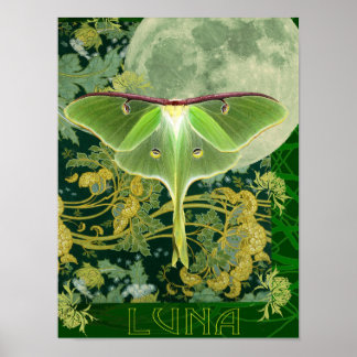 Poster Luna Moth and Moon Poster, Green Nature Collage Po