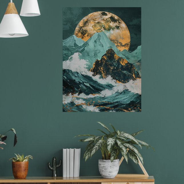 Poster Lunar Picos: Montanhas Fantásticas Sob uma Lua Mís (Sala de Estar 1)