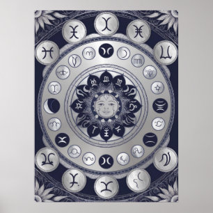 Poster Lunar Zodiac Mandala - Lua fascina a arte astrolog