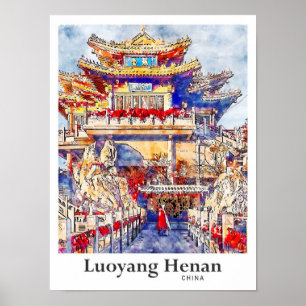 Poster Luoyang Henan China Viagem Watercolor - Desenhado