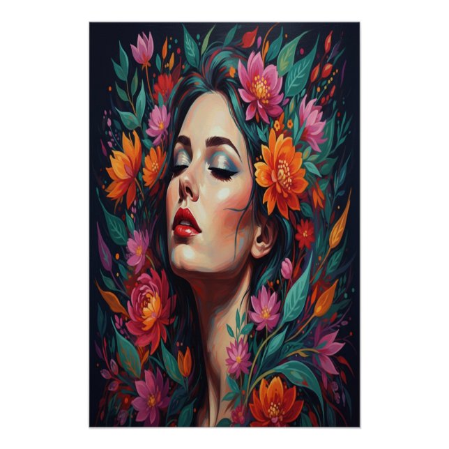 Póster ​"Lush Floral Dream Woman | Vibrant Portrait Art" (Frente)