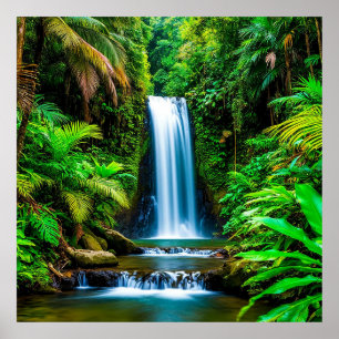 Poster Lush Tropical Waterfall, cercada por Greenery