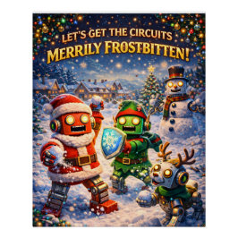 Póster Luta de bola de neve de Natal com robô retrô sauda