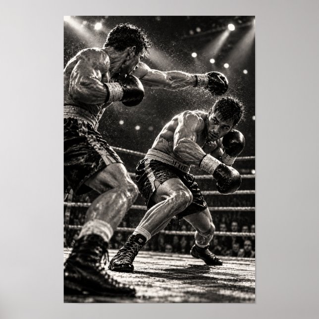 Poster Luta de Boxe em Preto e Branco Ação Dramática Espo (Frente)
