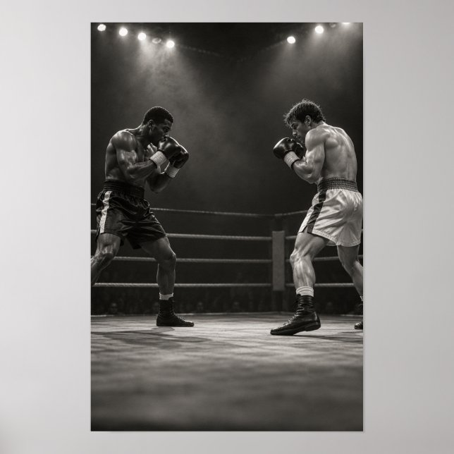 Poster Luta de Boxe Preta e Branca Dois Boxeadores Mascul (Frente)