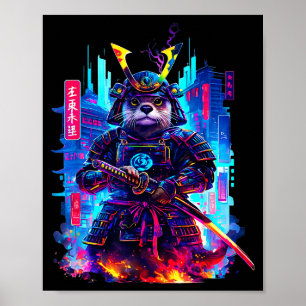 Poster Luta Katana Ciberpunk Neon Samurai Arte Japonesa