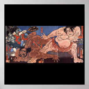 Póster Lutadores do Sumo, C. de pintura japonês 1800's