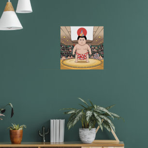 Poster Lutar de Sumo na bandeira japonesa dohy