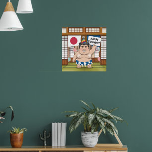 Poster Lutar de Sumo na bandeira japonesa dohy
