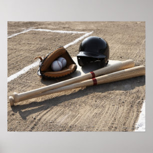 Poster Luva de basebol, bolas, bastões e capacete do