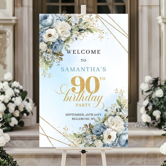 Poster Luxe flores azuis empoeiradas eucalipto dourado 90 (Luxe dusty blue florals eucalyptus gold 90th birthday

)