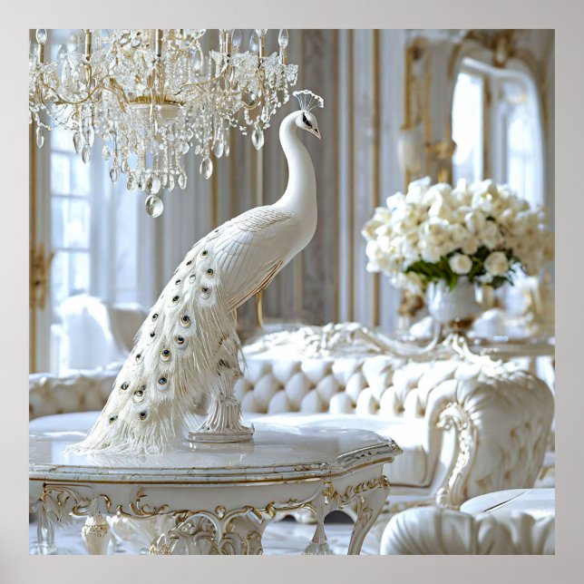 Poster Luxo Arte Pavão Branco Estilo Escultura Elegante (Frente)