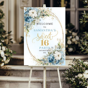Poster Luxo Boho Light Blue Floral Dourado Sinal de Sweet