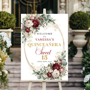 Poster Luxo Burgundy Floral Dourado Boho Quinceanera Boas