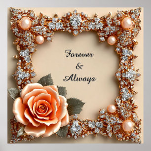 Poster Luxo de Casamento Rosa Dourada Pêssego Diamantes P