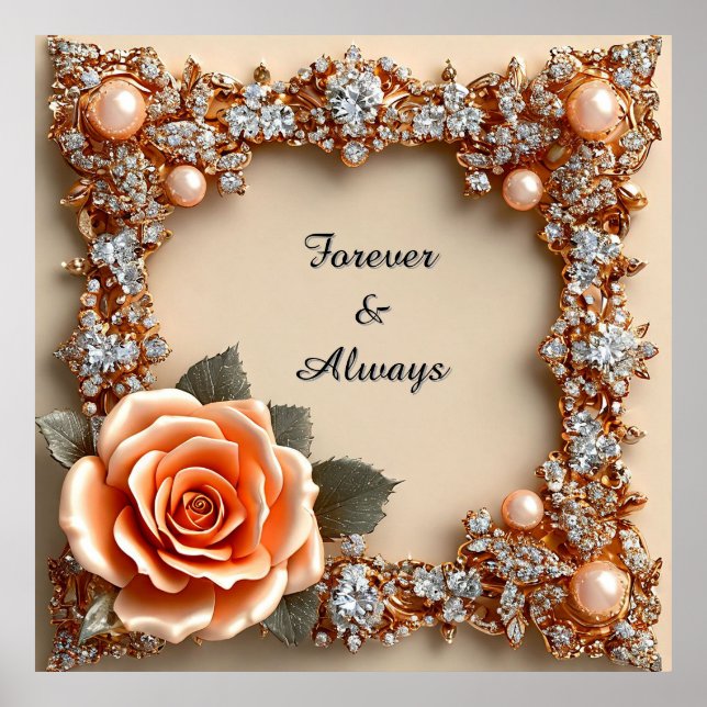 Poster Luxo de Casamento Rosa Dourada Pêssego Diamantes P (Frente)