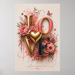 Poster Luxo Dourado DESIGN Floral LOVE  