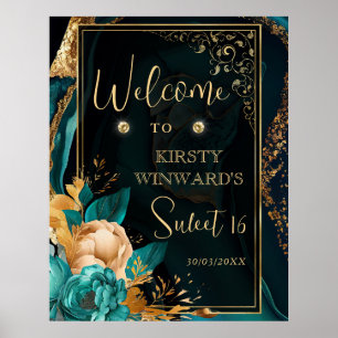 Poster Luxo em Tons de Azul Turquesa e Dourado com Floral