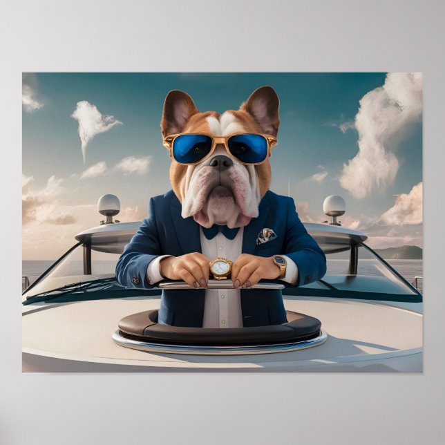 Poster Luxurioso Bulldog em Iate Privado com Champanhe (Frente)