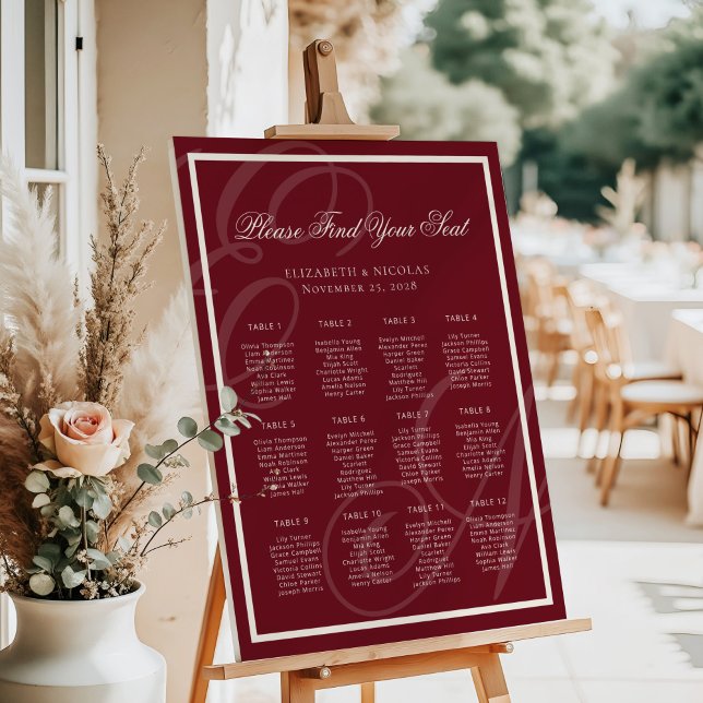 Poster Luxury Monogram Deep Red Wedding Seating Chart (Criador carregado)