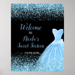 Poster Luz Azul Vestido Faux Glitter Sweet 16 Welcome