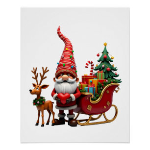 Póster Luz de Natal Gnome Papai Noel Montado em Trenó Hi