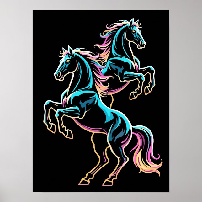 Poster Luz Neon de Cavalo Efeito Glitch Estilo Retro (Frente)