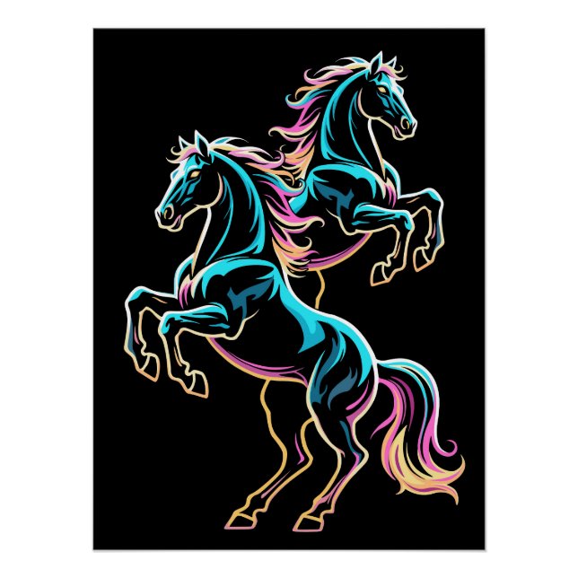 Póster Luz Neon de Cavalo Efeito Glitch Estilo Retro (Frente)