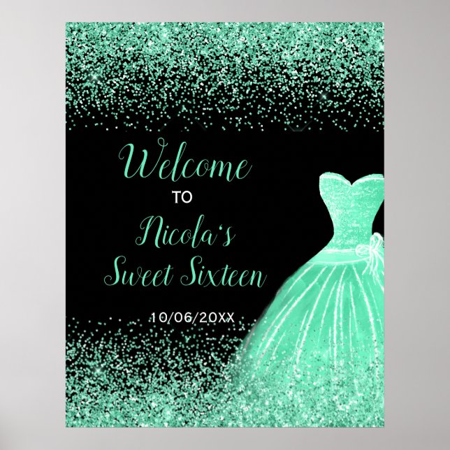 Poster Luz verde Vestido Faux Glitter Sweet 16 Welcome (Frente)