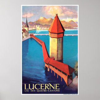 Poster Luzerna, Suiça, vista no lago e uma torre,